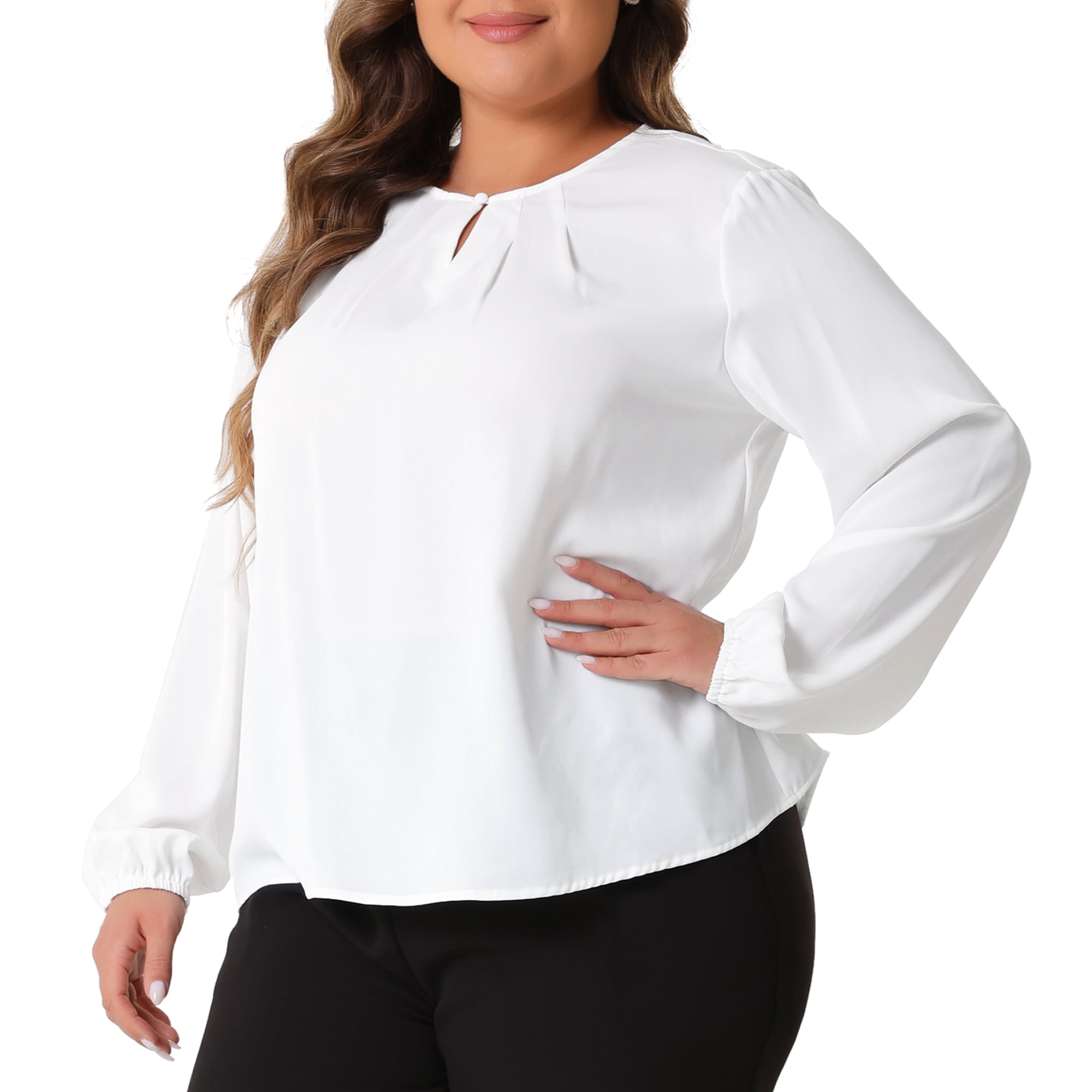 DARING DIVA Women's Plus Crew Neck Pleated Chiffon Blouse 4X White