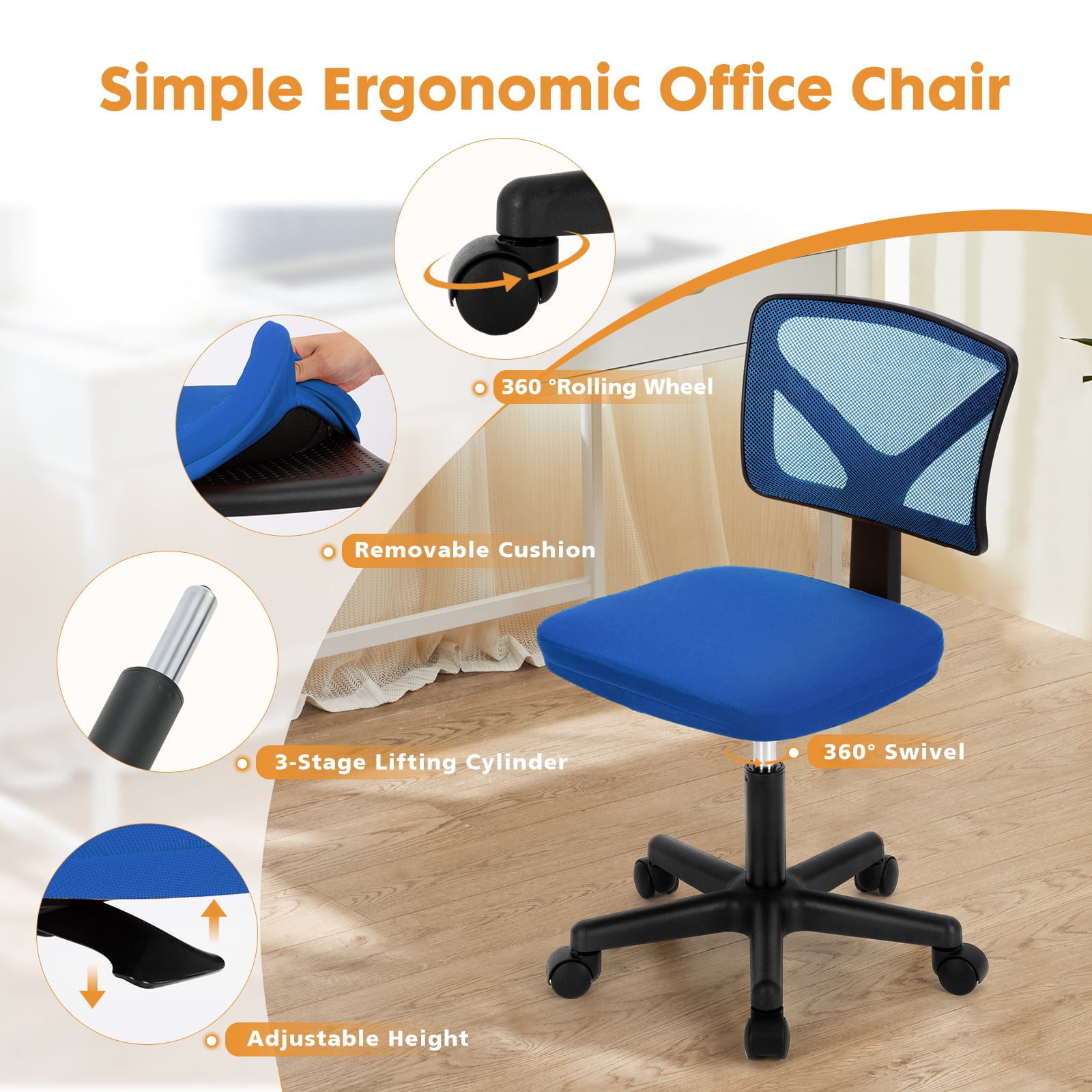 CONCETTA Ergonomic Home Office Mesh Desk Chair, Small Space, Armless Rolling Chair for Adults, Blue