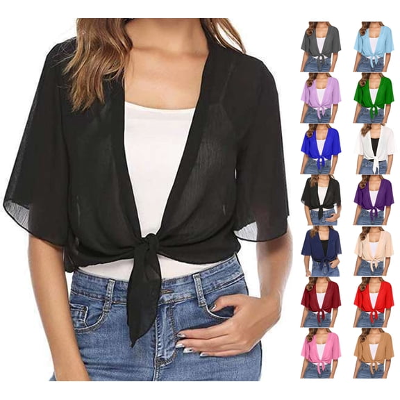 Summer Saving Clearance Women's T-shirts, Xunlbb Women's Soft Chiffon Shawl Wraps For Evening Dress Wedding Cape Bolero Flapper Solid Short Sleeves(Black,S)