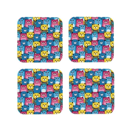 

Leather Coasters Set of 4 - Classic Colorful Cute Cartoon Cat Lightweight Non-Slip Drink Coasters for Desk Anti-Scalding Desk Cup Coasters for Office Table Decor Square