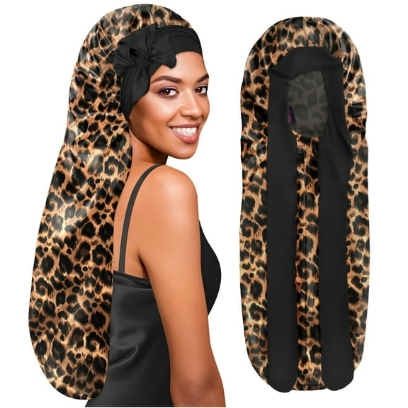 Extra Long Silk Braid Bonnet Nightcap with Tie Band Leopard
