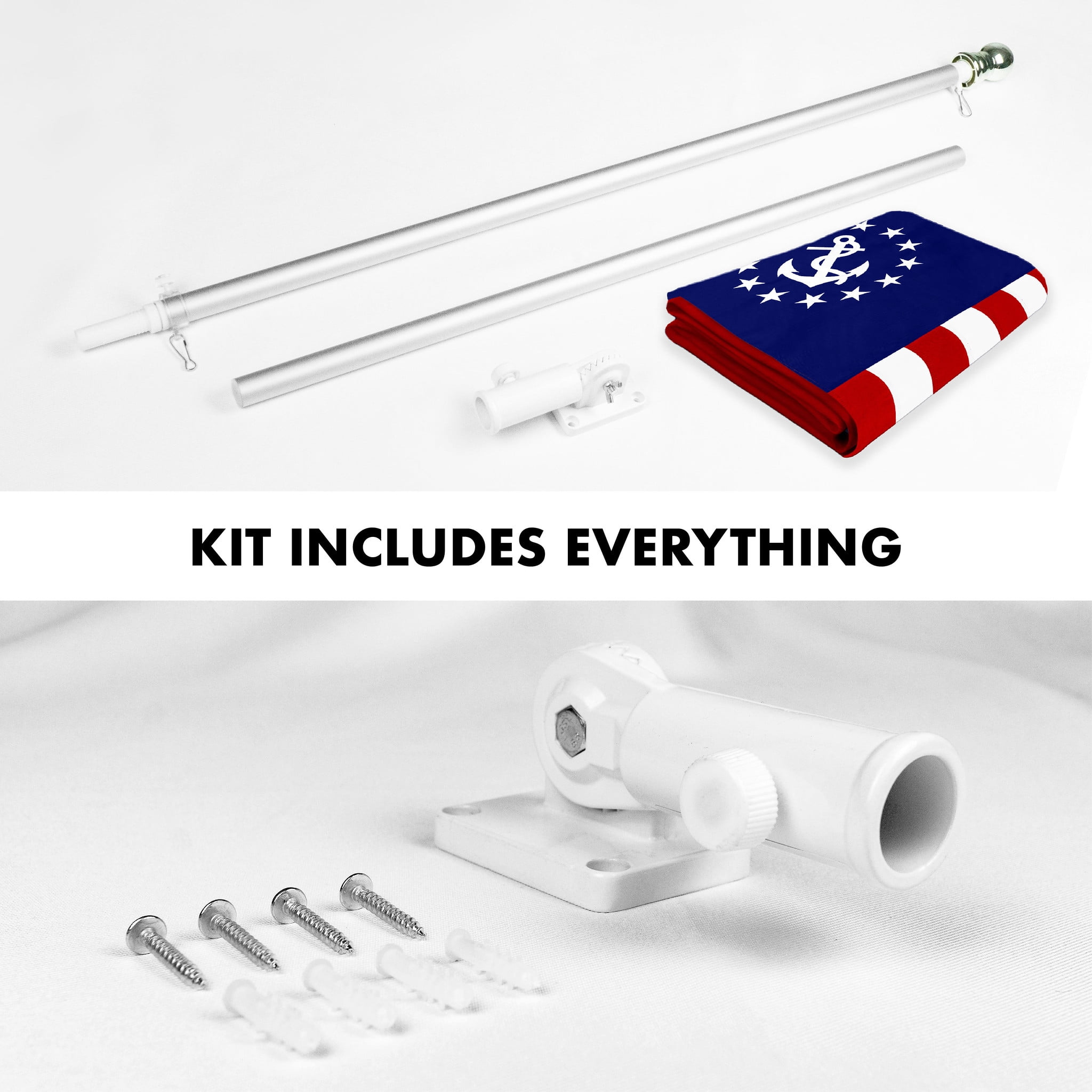 G128 Combo Pack: 6 Ft Tangle Free Aluminum Spinning Flagpole (Silver) & American USA Yacht Ensign Flag 3x5 Ft, ToughWeave Series Embroidered 300D Polyester | Pole with Flag Included
