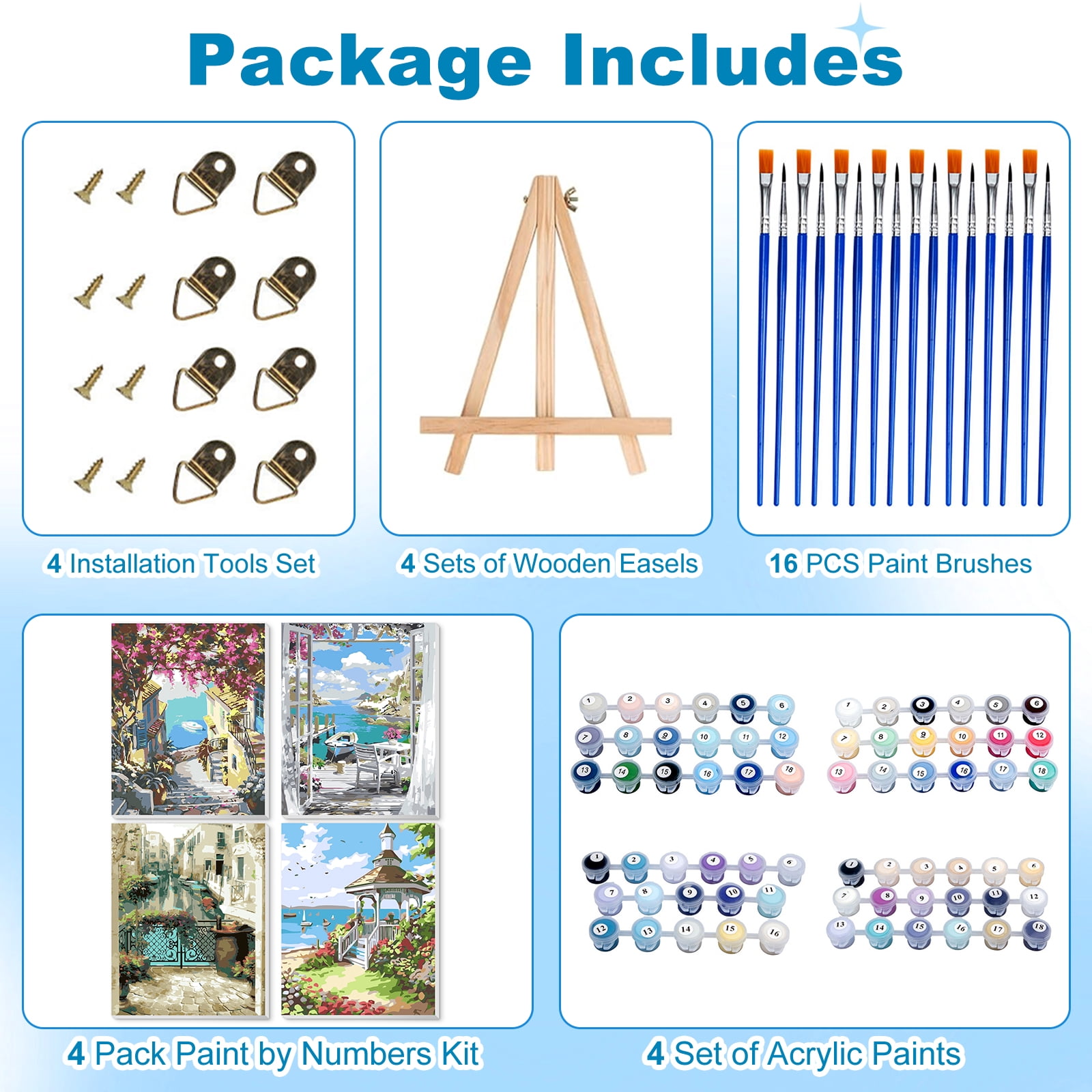 Qoosea 4 pack Framed Paint by Numbers Kit for Adults with Wooden Easel, Paint by Number Kits with Frame, Paint Set, Home Decor Wall Decor 9*12 inch