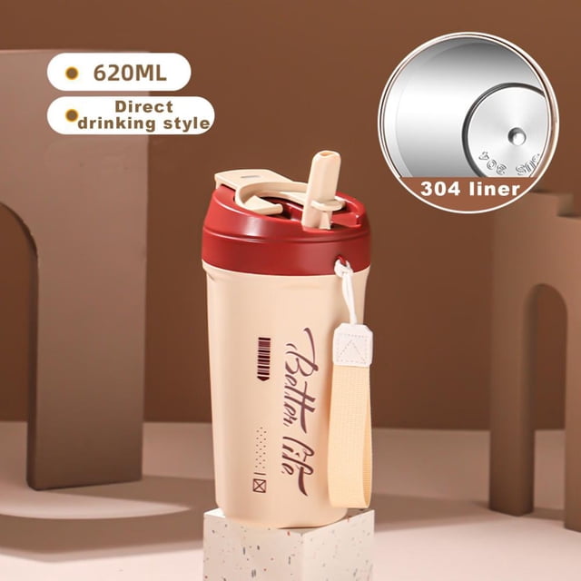 Feltree 304 Stainless Steel Straw Water Cup with Carry Rope Convenient Coffee/Colainsulated Cup.