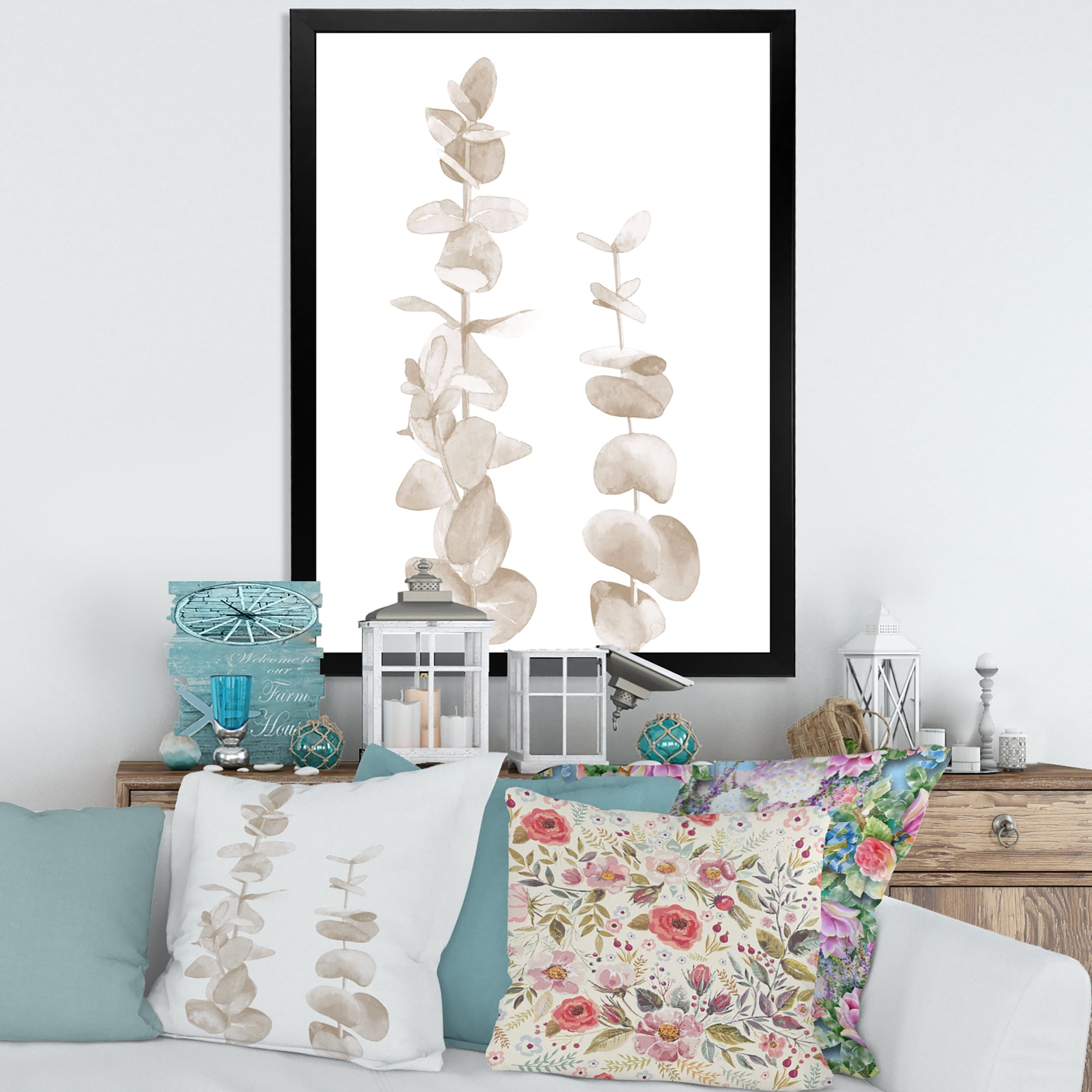 Designart 'Grey Eucalyptus Branches On White' Traditional Framed Art Print