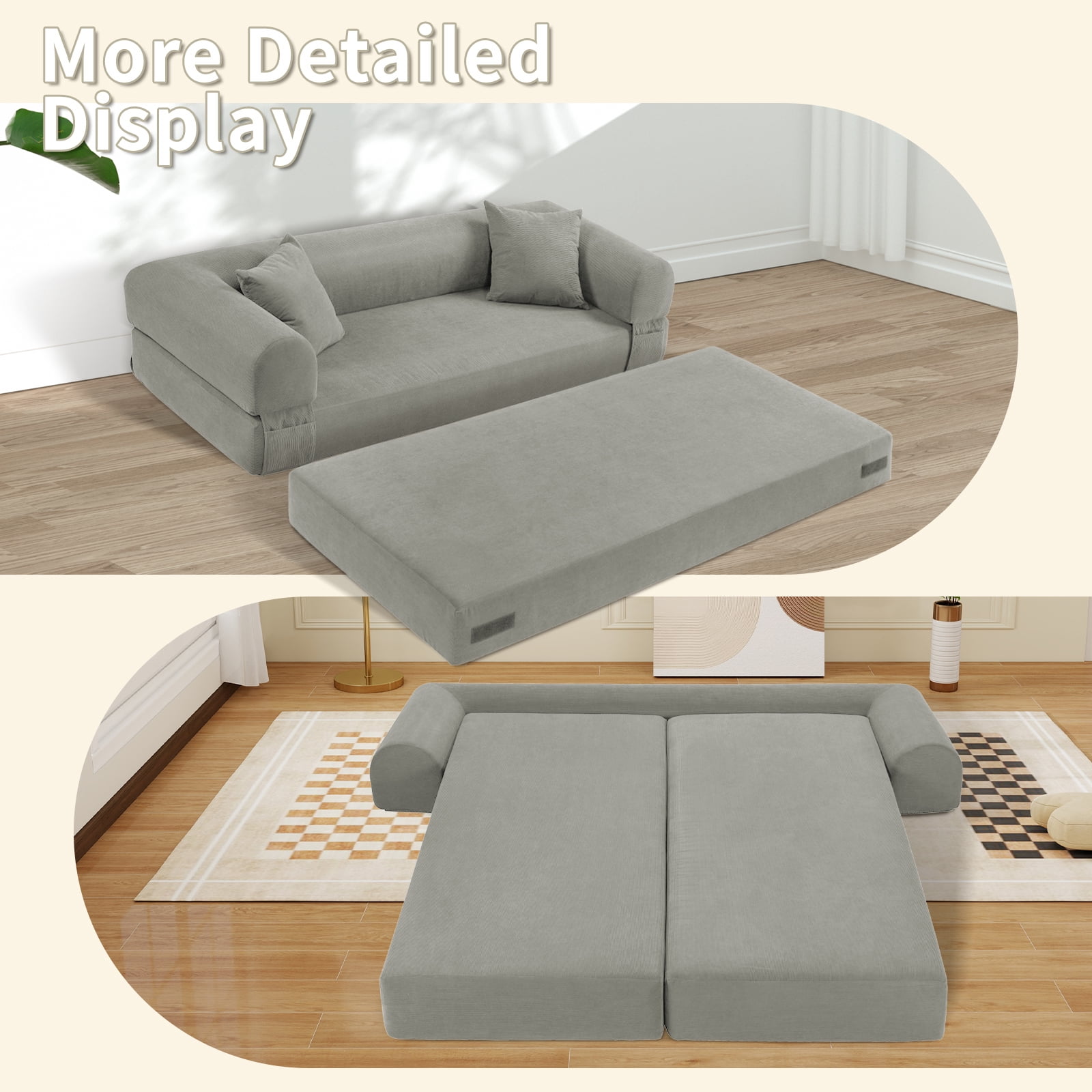 3 in 1 Convertible Sofa Bed, 80" Corduroy Folding Pull Out Couch with 2 Pillows, Floor Sofa with Side Storage for Living Room, No Assembly Modern Boneless Couch Compression Sofa, 35.4"W