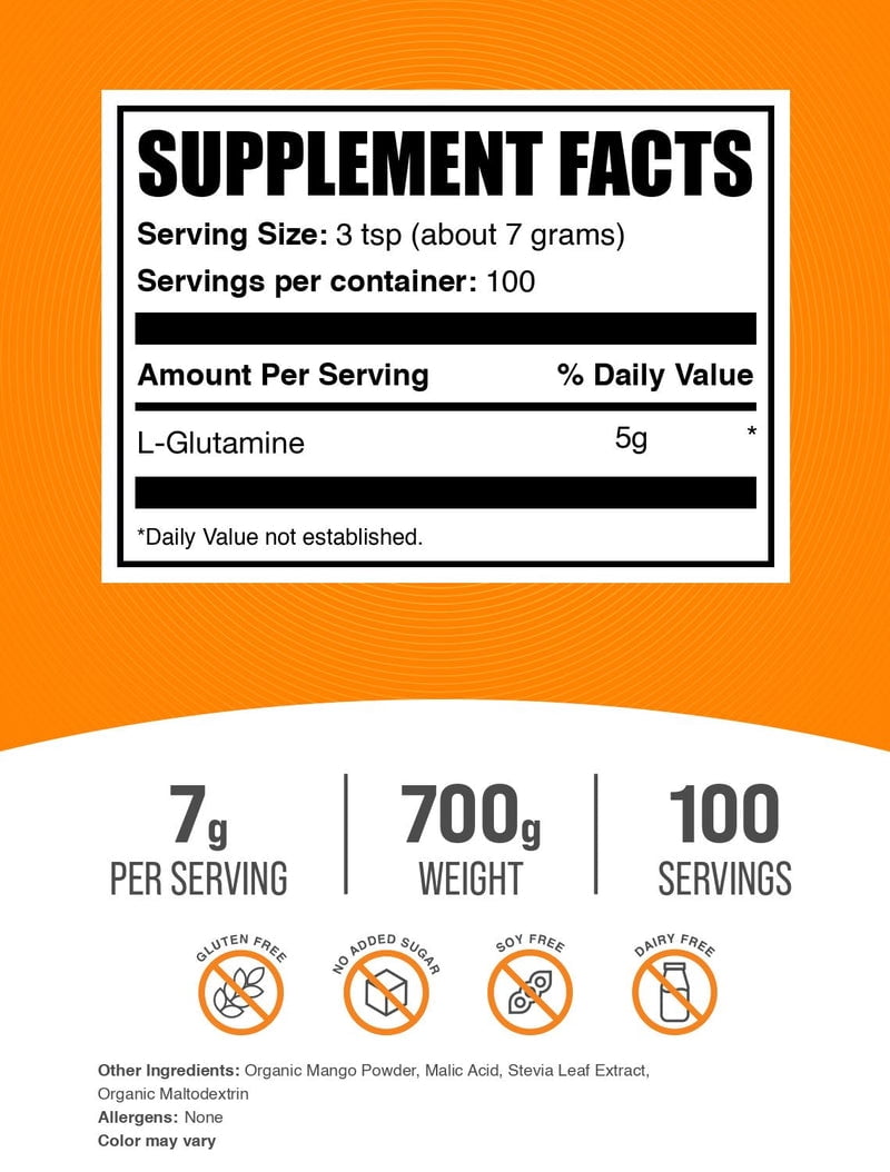 BulkSupplements L-Glutamine Powder - Glutamine Supplement, L Glutamine Powder - Mango Tango, 7g per Serving, 700g (1.5 lbs) (Pack of 1)