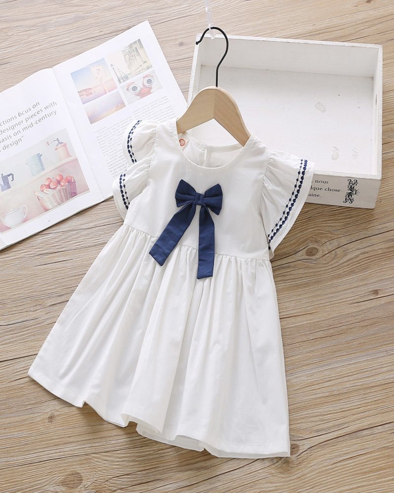 Luxsea Summer Casual Fashion Baby Girl Short Sleeve Bow-knot Princess Dress Kids Clothing Toddler Little Girls Clothing Cute Ruffle Sleeve Solid Dress Knee-Length Skirt Outfits - image 2 of 5