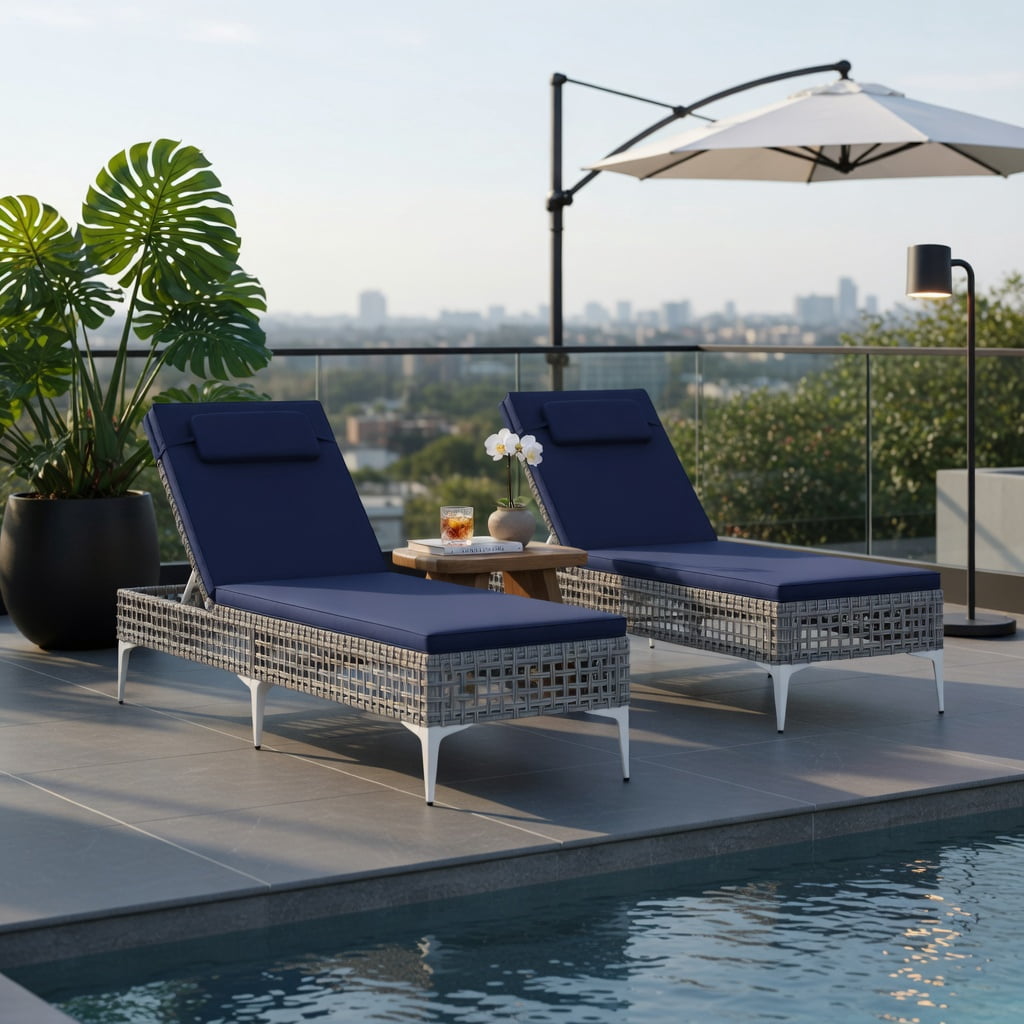 Hommoo Outdoor Chaise Lounge Chair with 6-Position Adjustable Backrest & Headrest, PE Rattan Patio Lounger for Poolside, Backyard, and Garden, Navy Blue