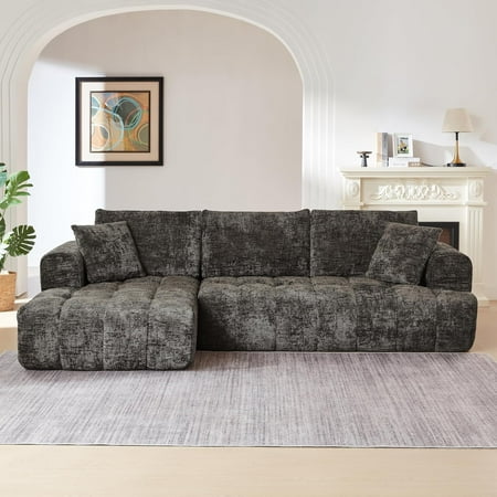 LUCKHAO 108" L-Shaped Modular Sectional Sofa with Chaise, Plush Chenille Fabric, No Assembly Required (Brown, Left Facing Chaise)