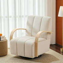 Hassch Velvet Upholstered 360° Swivel Chair with Solid Wood Arms, Channel Tufted Reading Chair with Metal Base for Living Room & Home Office (Beige)