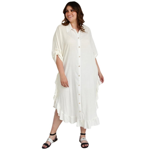 Vestido camisero con olanes Roman Fashion Talla Extra 1062 Blanco