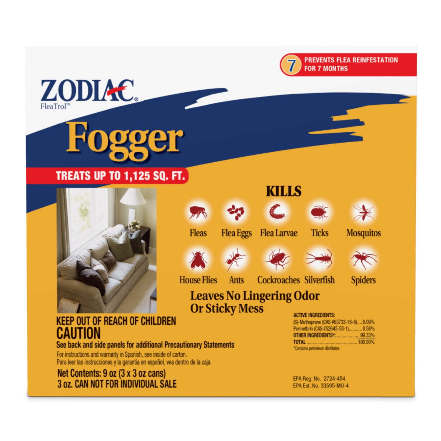 Zodiac FleaTrol Fogger Kills Fleas, Flea Eggs and Larvae, Ticks, Mosquitoes, Cockroaches, Ants, Spiders and Silverfish