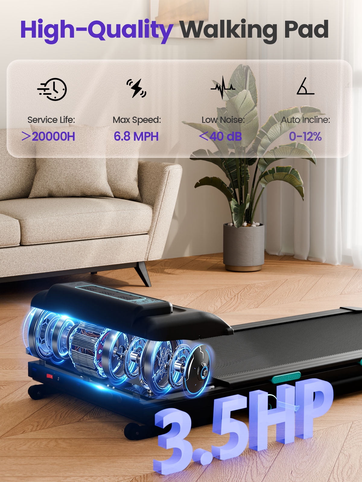 Chiccushion Walking Pad with 12% Auto Incline Treadmill for Home, 3.5HP Under Desk Treadmill with Foldable Handle Bar,450 Lbs Capacity,Remote Control, Led Display,APP Connect