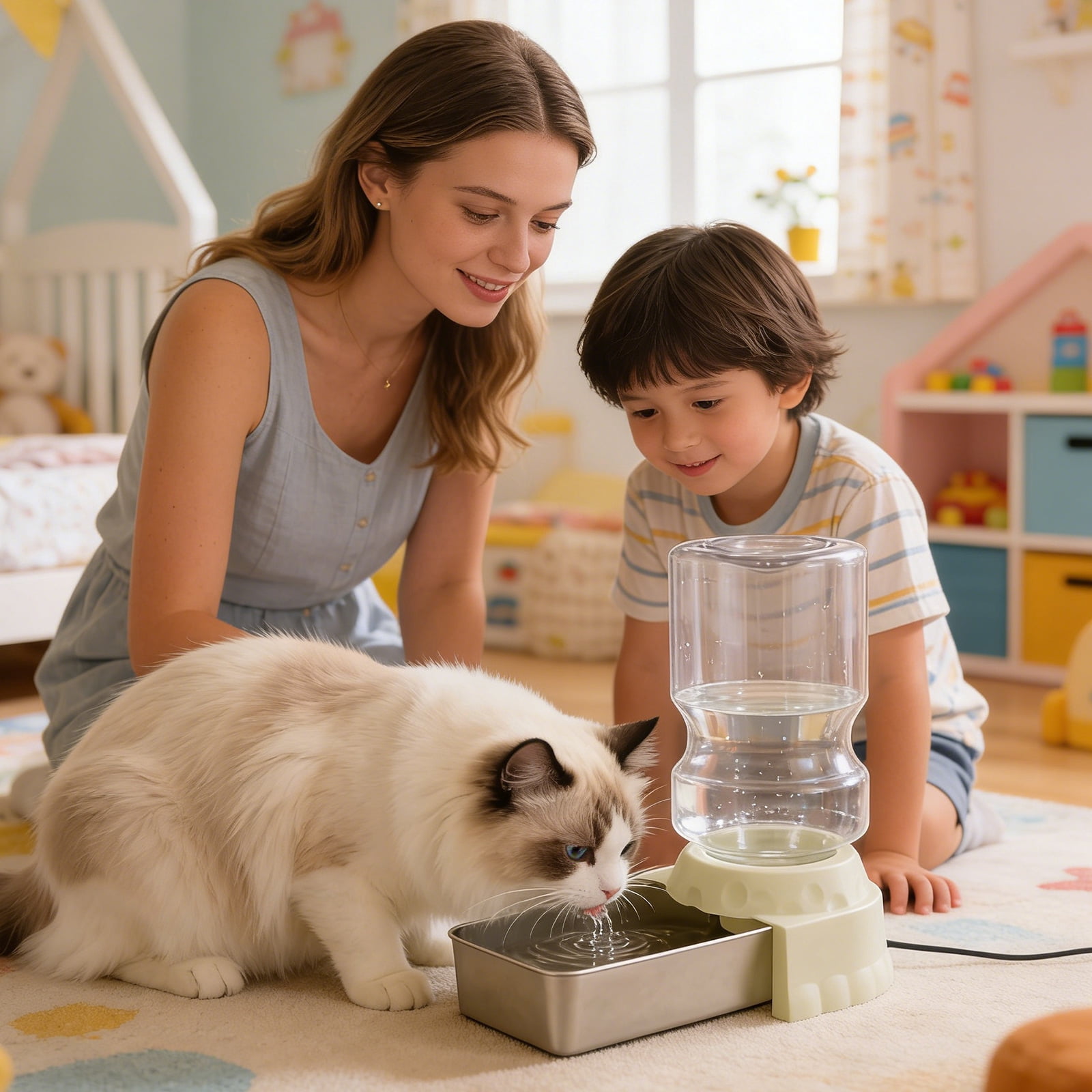 Automatic Cat Water Fountain with Stainless Steel Bowl, Non-Slip Pet Drinking Dispenser and Feeder Combo, F