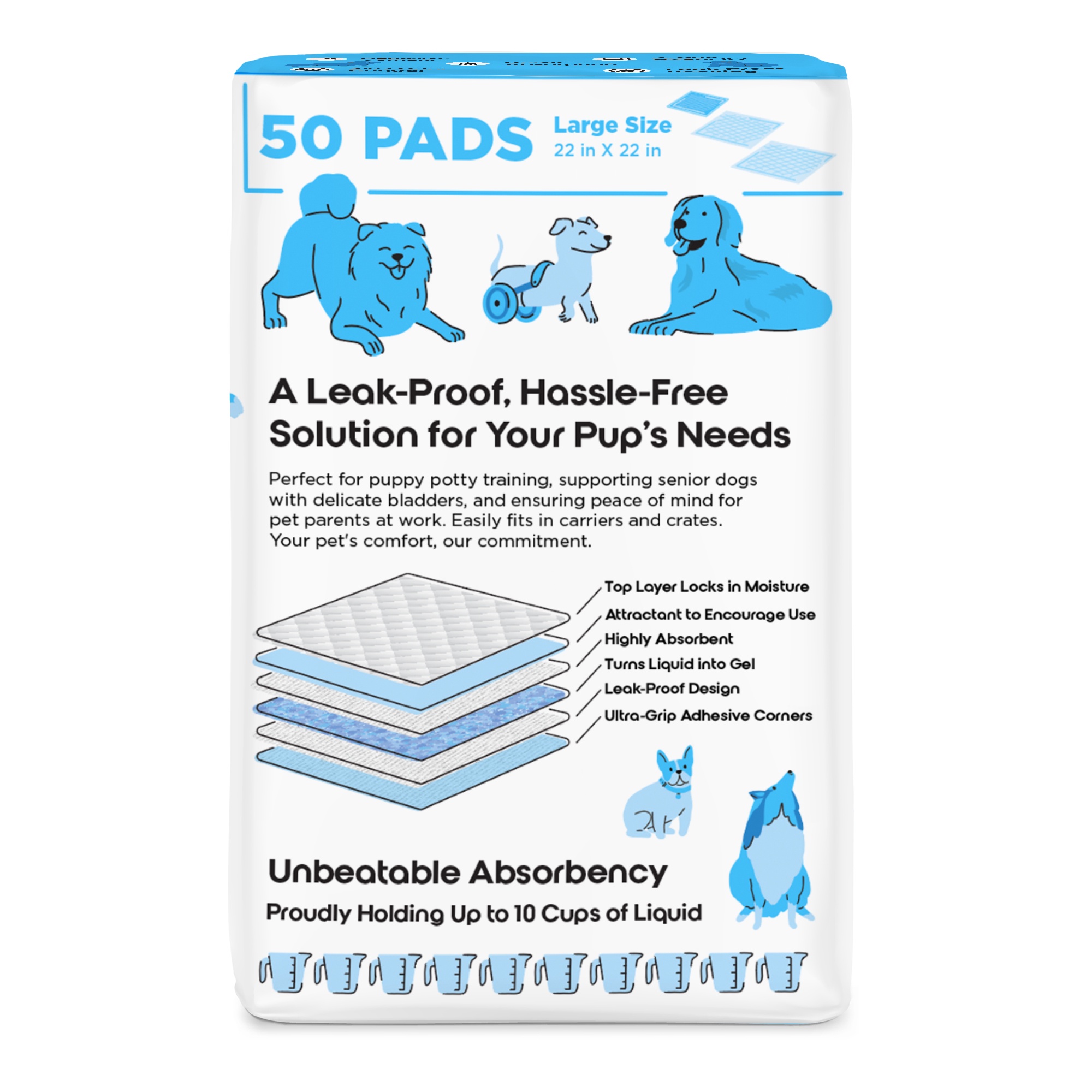 (3 pack) Gatehouse Large Ultra Absorbent Pup Pee Pads, Dog and Puppy Training Pads with Adhesive Corners, 22"x 22", 50 Count