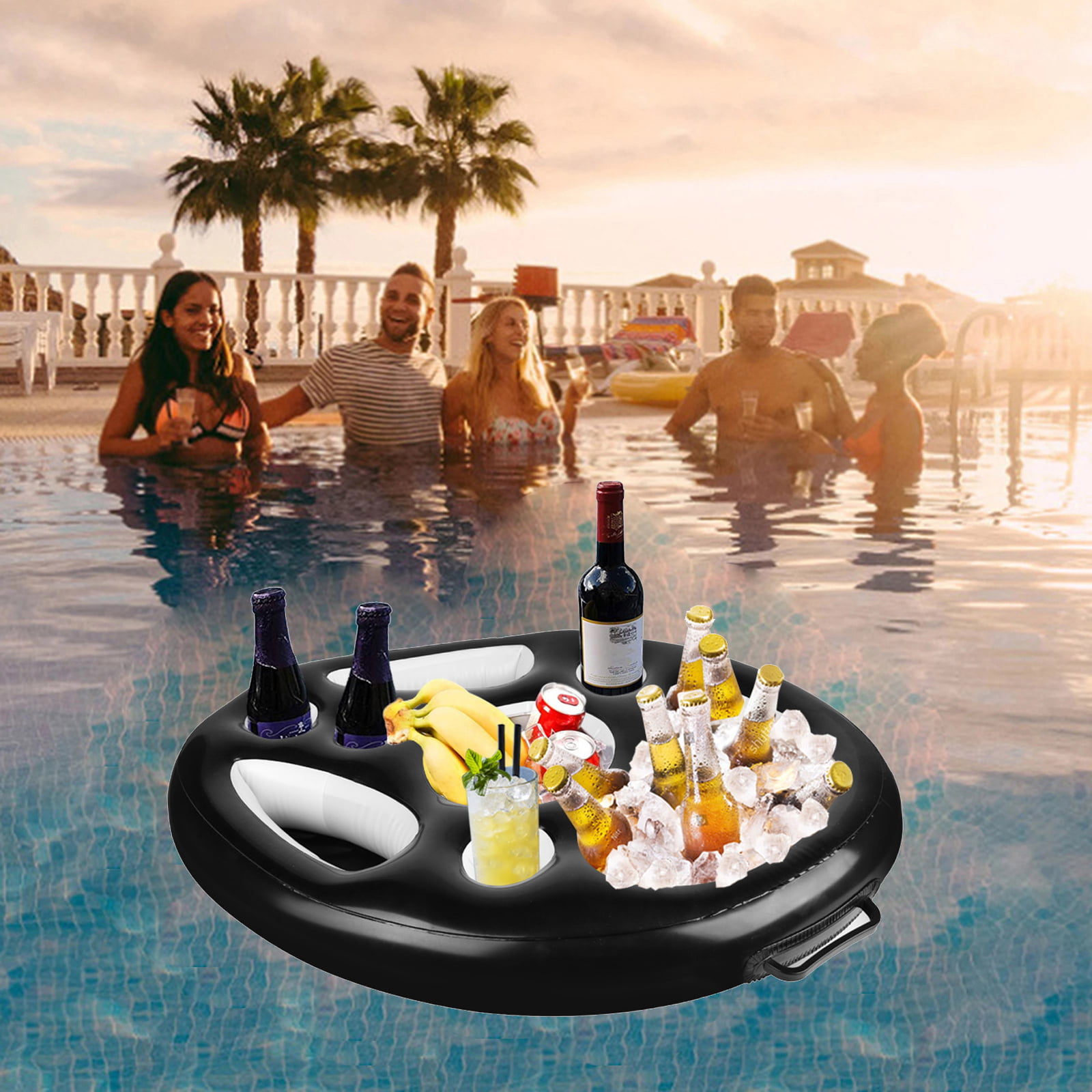 Summer Inflatable Pool Float Beer Drinking Cooler Table Bar Tray Beach  Swimming Ring Party Bucket Cup Holder for Swimming Pool-Black 