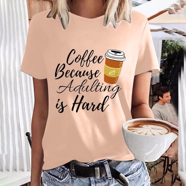 Pntutb Mujeres Crewneck Coffer Print Camisetas Print Tees Camiseta de manga corta Blusa tops Pntutb Pntutb-388