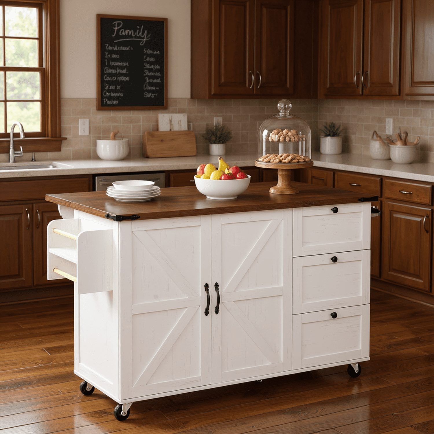 Homy Casa 54.5" Farmhouse Kitchen Island with Drop Leaf, Power Outlets, Barn Doors, 3 Drawers