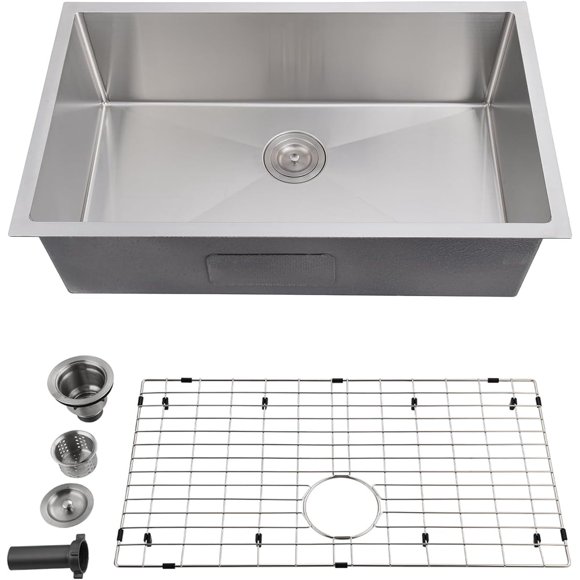 27 Inch Undermount Kitchen Sink, 27" L x 18" W x 9" D Stainless Steel Single Bowl Kitchen Sink, Bar or Prep Kitchen Sink, with Basket Strainer, Drying Rack
