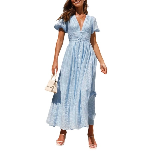 Vestido Elegante de Fiesta Playera para Mujer, con Escote en V, Mangas Abullonadas y Botones. Azul XL