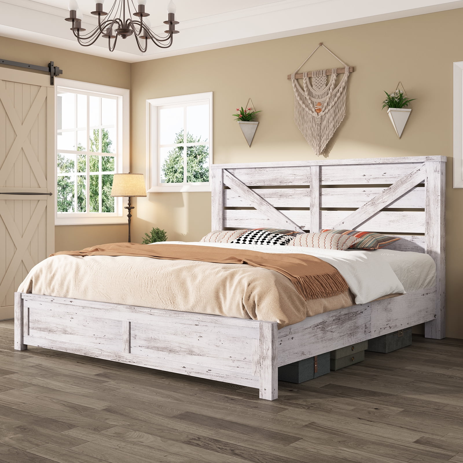 Merluxy King Size Farmhouse Bed Frame with Barn Door Headboard, Platform Bed Frame with Wood Slats, Under Bed Storage Space, Distressed White