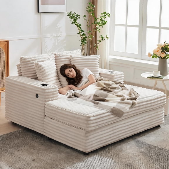 Oversized 54" Corduroy Chaise Lounge Chair with USB Charging, Cup Holders & Throw Pillows – Comfortable Sleeper Sofa Bed for Living Room & Bedroom