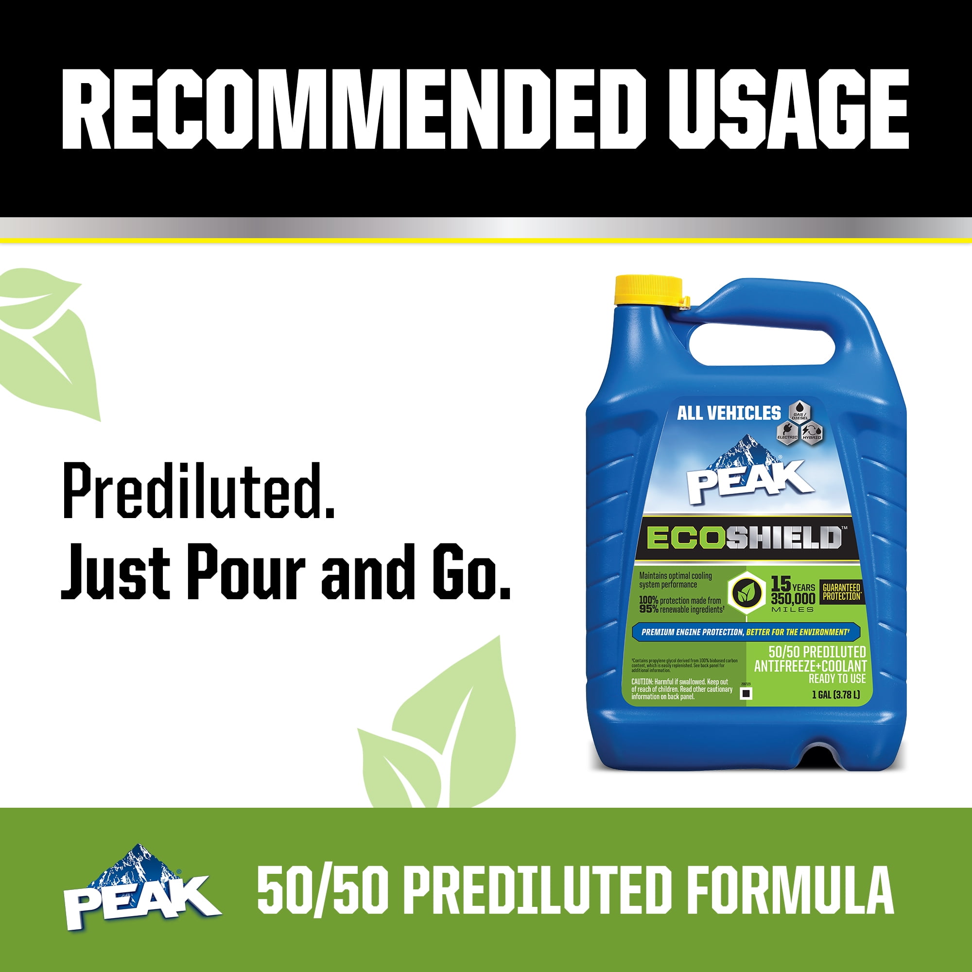 (3 pack) PEAK ECOSHIELD 50/50 Prediluted Antifreeze/Coolant for All Vehicles