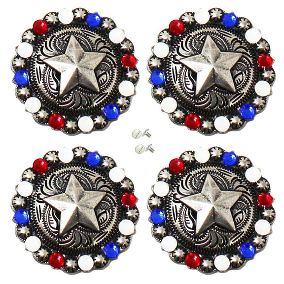 Set of 4 Screw Back Conchos Western Saddle 1-1/4" Silver Star Rhinestone Co596