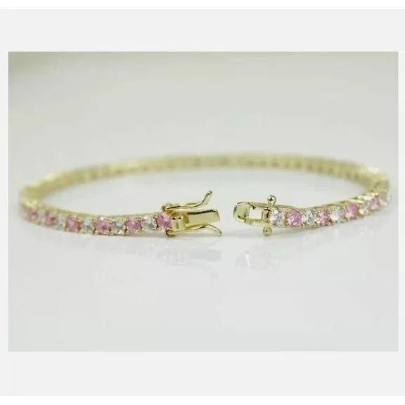 Beautiful 4MM 10Ct Round Cut Simulated Pink Sapphire & Diamond Classic Engagement 14k Yellow Gold Plated Tennis Bracelet Silver 7"