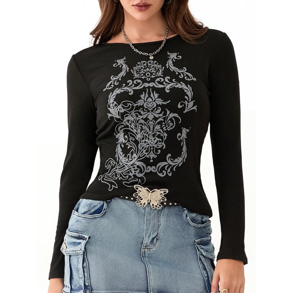 Women's Vintage Gothic T-shirt Long Sleeve Graphic Print Tops Slim Grunge Aesthetic Tees Streetwear