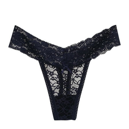 Virmaxy Lace Thongs for Women Alluring Underwear Ice Silk Bikini Panties Silky Comfy Yoga Panties Dark Blue M