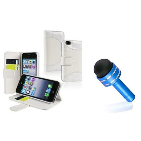 INSTEN Leather Flip Case Stand Smart For iPhone 5S 5 White Crocodile+Blue Jack Stylus