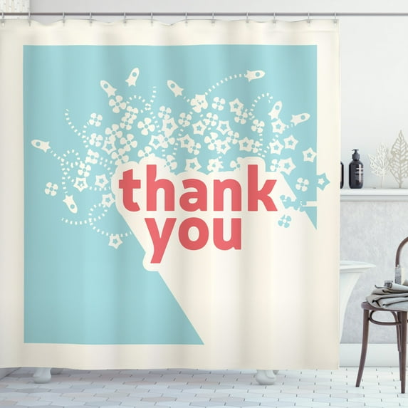 Thank You Shower Curtain, Tiny Stars and Rocket Pictograms with Thankful Quote Retro Design, Fabric Bathroom Set with Hooks, 69"W X 84"L Extra Long, Ivory Seafoam and Coral, by Ambesonne