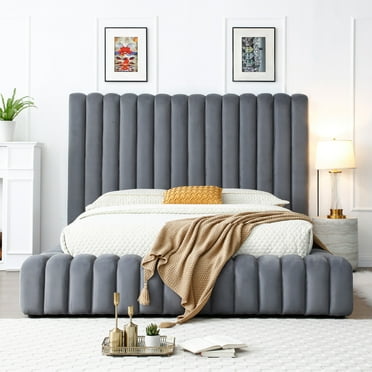 Avalon Velvet Upholstered Queen Platform Bed in Gray