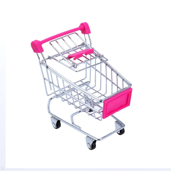 SKISUNO Mini Shopping Cart Shaped Storage Basket 1Pack Rosy Plastic Metal Delicate Mini Shopping Cart Home