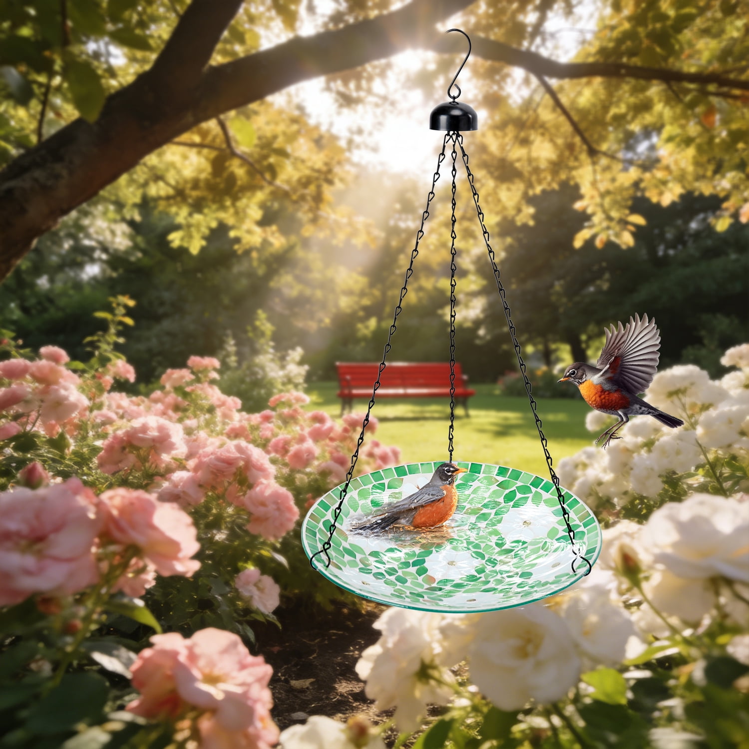 Hanging Bird Bath, Glass Mosaic Bird Baths for Outdoors Birdfeeder with 21 inch Rust-Proof Chain for Garden Yard Decor