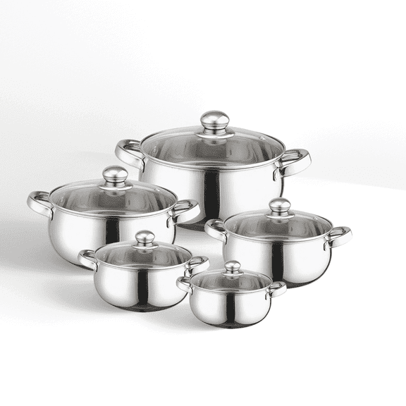 Bestdin 10-Piece Stainless Steel Cookware Set – 5 Pots with Glass Lids, Thickened Bottom, Universal Stovetop Compatible, Easy to Clean, Non-Toxic Kitchen Set for Cooking