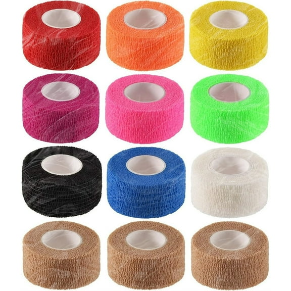 12 Pack 1" x 5 Yards Self Adhesive Elastic Bandage Wrap Stretch Self-Adherent Tape for First Aid,Sports,Wrist,Ankle (10 Colors)