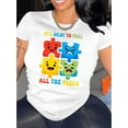 thumbnail image 1 of Motif Casse-Tête Coloré Anglais Imprimé Tendance Col Rond Manches Courtes, T-Shirt de Sport Simple et Décontracté, Haut d'Été Confortable pour Femmes pendant les Vacances. Fête des Pères, Fête des Mères, Ne, 1 of 6