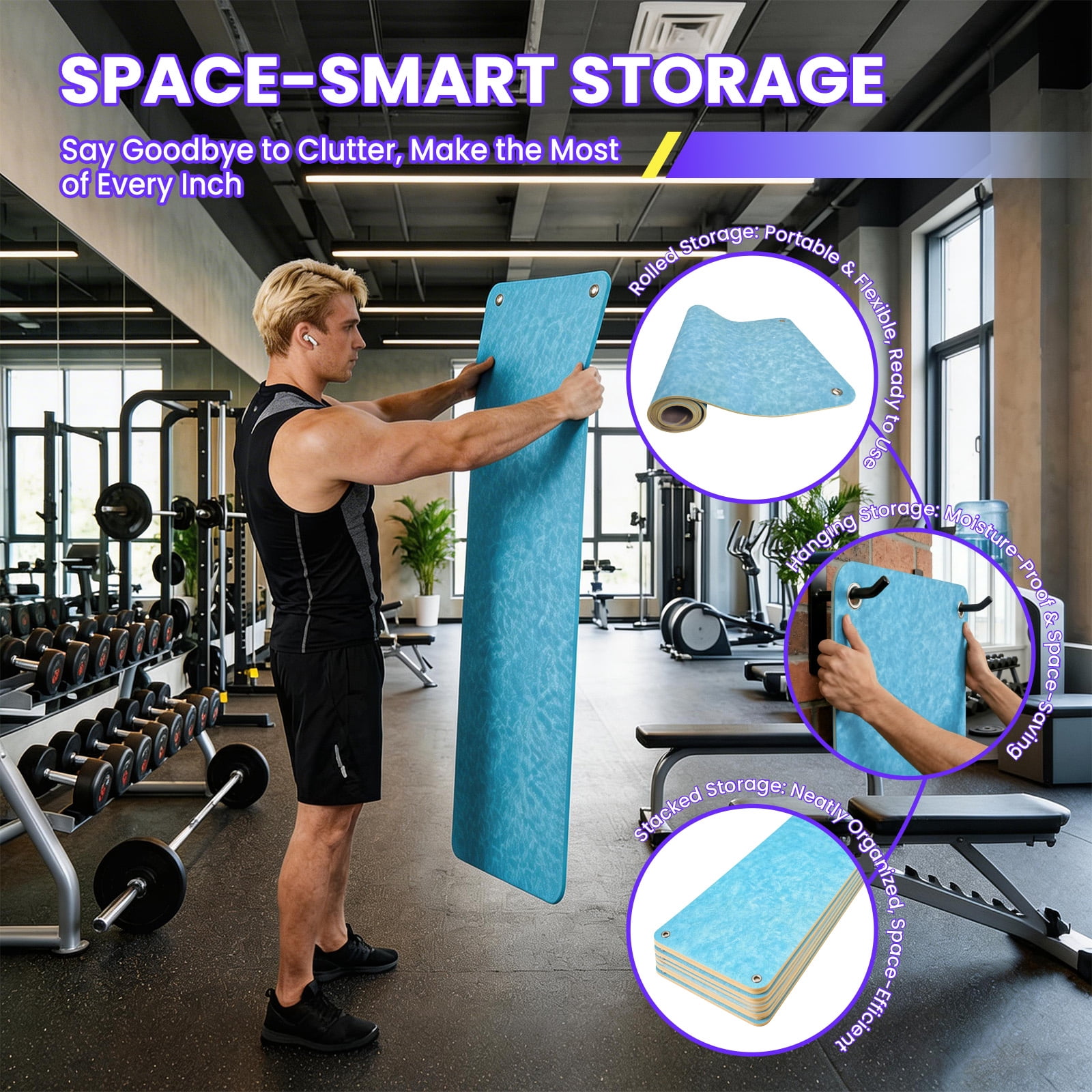 MAROUTE Commercial Grade Hanging Exercise Mat – Durable 5mm Thick PVC Yoga & Workout Mat with Reinforced Holes – Ideal for Home Gym, Pilates, Stretching, Group Fitness – Black