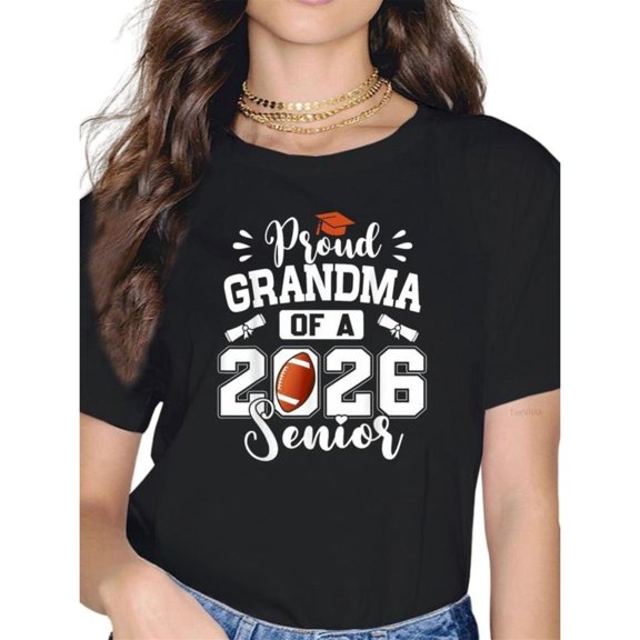 Women's "Proud Grandma of a 2026 Senior" Graduation-Themed Graphic T-Shirt Cotton Short Sleeve Round Neck Top Black S-5XL