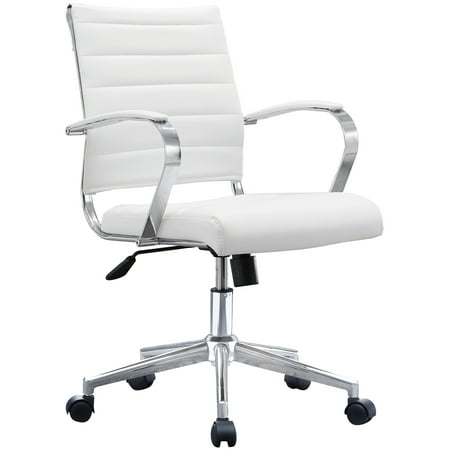 White Office Chair Ribbed Modern Ergonomic Mid Back PU Leather With Cushion Seat Task Swivel Tilt Arms Conference Room Chairs, Manager, Executive, (Best Mobile Task Manager)