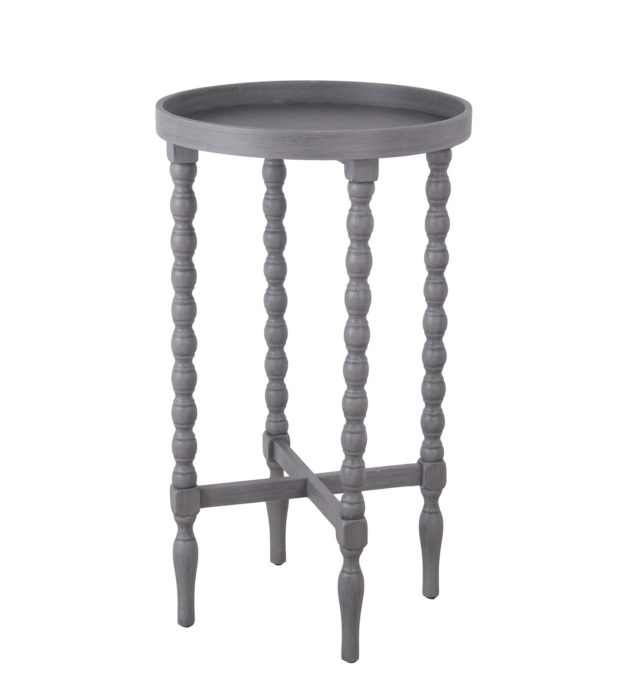 Wooden Round Accent Table with Tray Top and Beaded Turned Legs, Gray