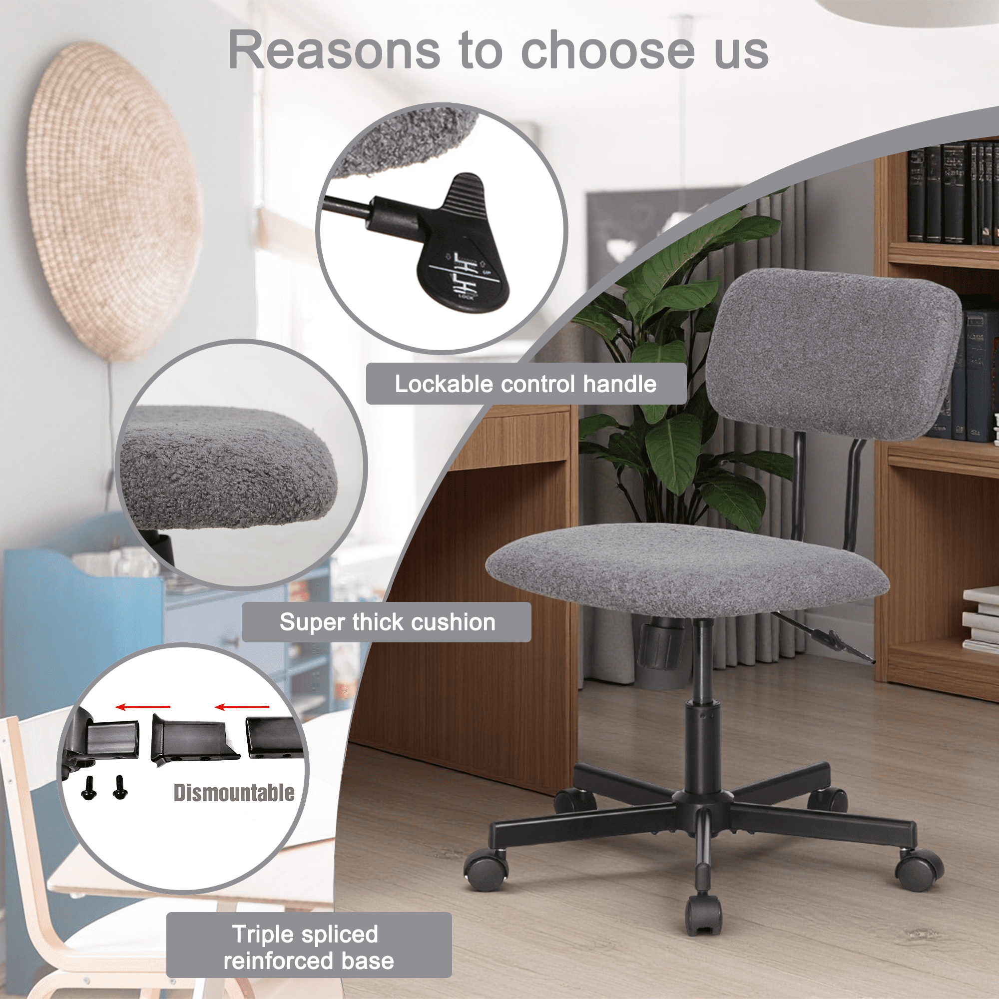 JJS Low Back Velvet Fabric Armless Home Office Computer Chair in Gray