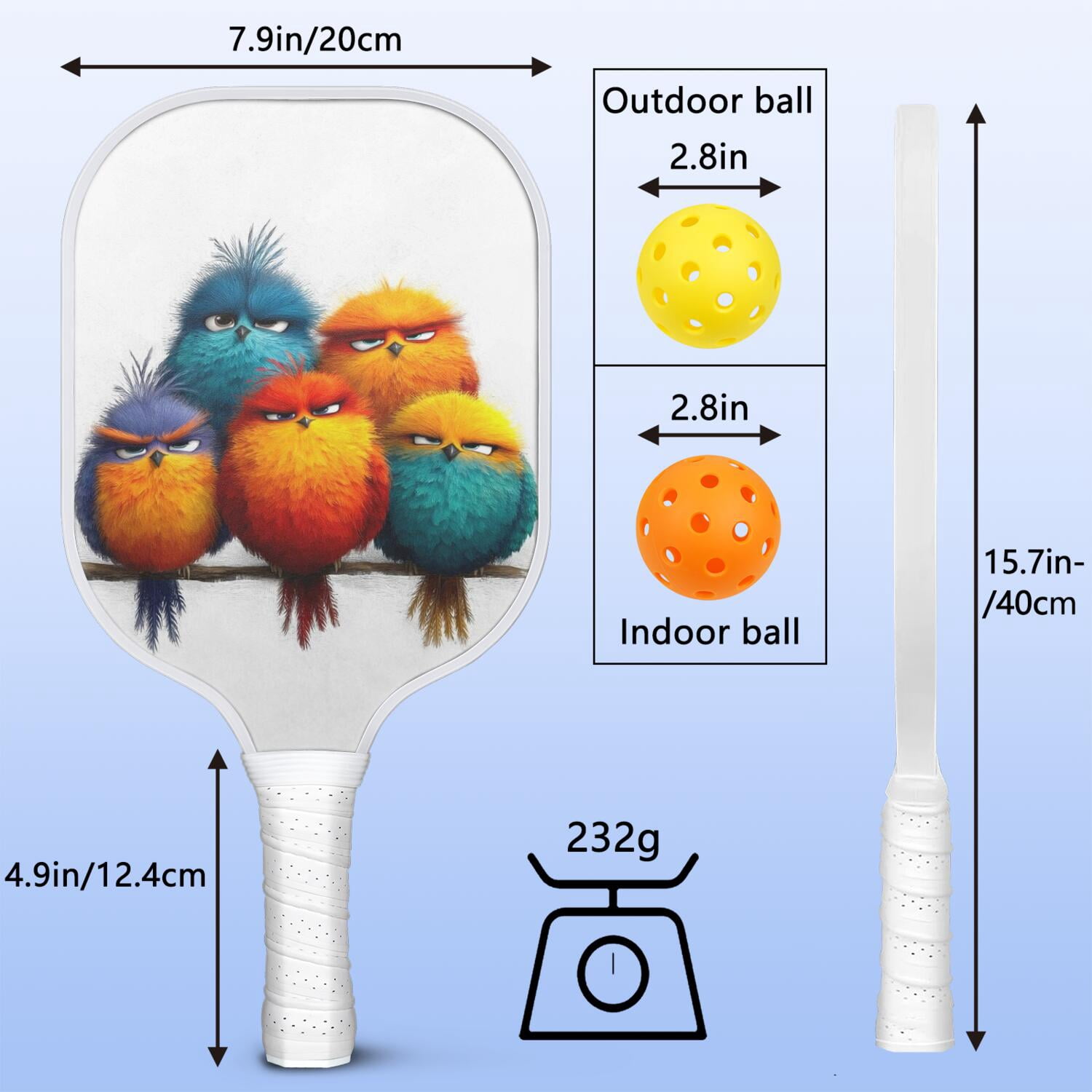 Pickleball Paddles Set Of 2, Fiberglass Surface, Unhappy Birds Print, 4 Balls & Bag