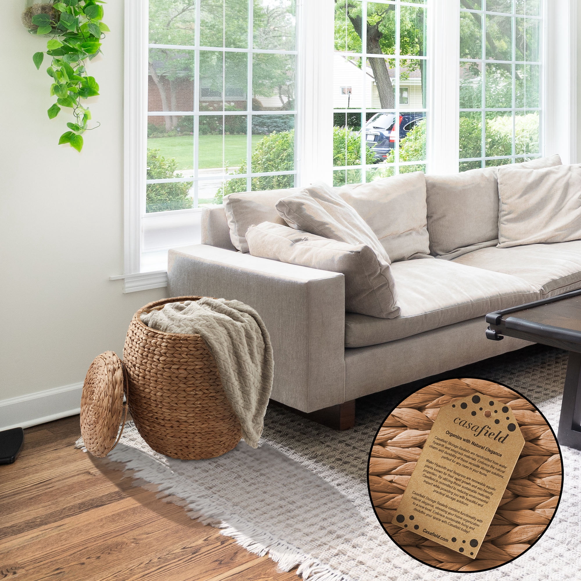Casafield Round Storage Basket with Lid, Cinnamon - Handwoven Water Hyacinth Hamper Organizer for Laundry, Blankets, Plants
