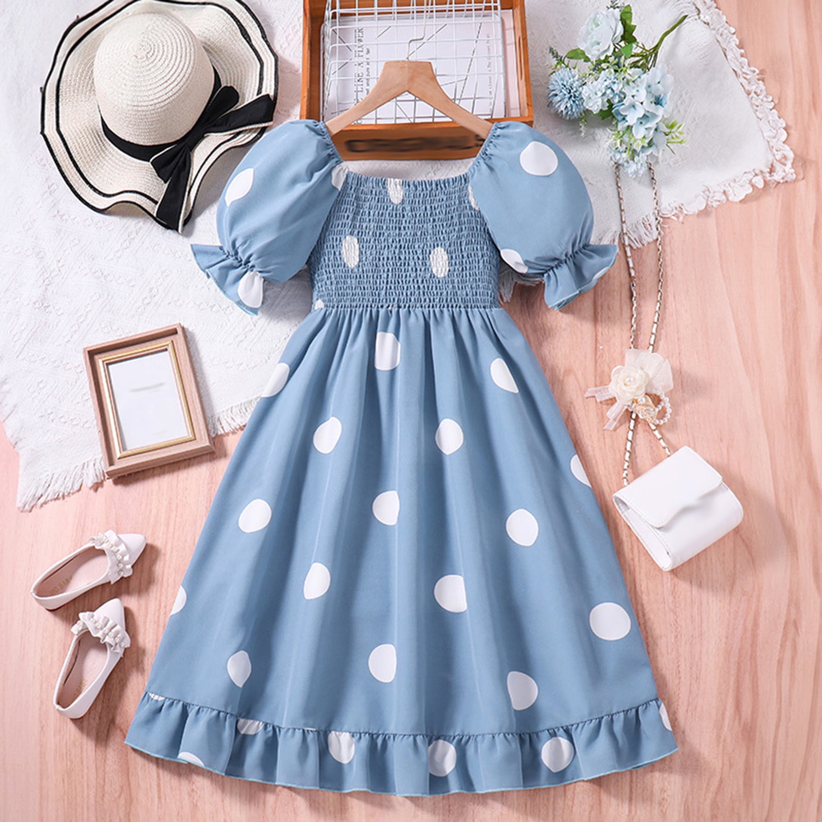 Big Kid Girl Dress Fit and Flare Girls Dress Kids Children Girls Summer Short Sleeve Dot Prints Casual Dress Dress Party Girls Clothes Blue 10 12 Years Walmart