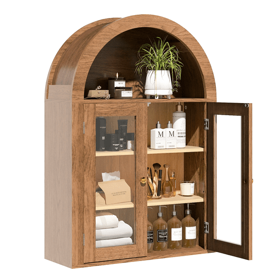 Flictozena Medicine Cabinet Wall Mount with Glass Door with Adjustable Shelves, Arched Wall Cabinet , Wood Cabinet for Laundry Room, Kitchen, Living Room & Toilet, Brown