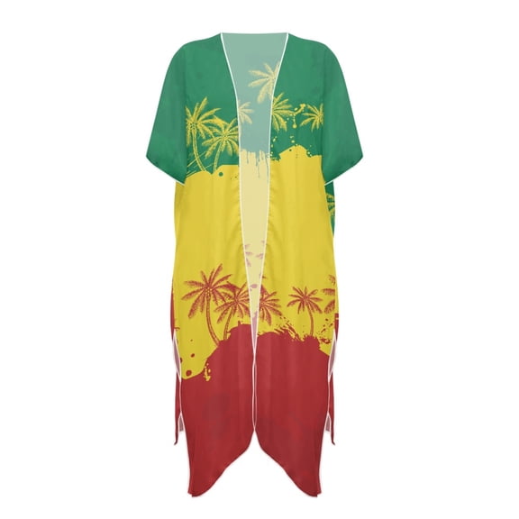 HELLHERO Casual Long Kimono Swimsuit Cover Up for Beach Polyester Lightweight Bathing Suit Cover Up Rasta Palm Tree